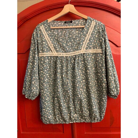 Cure 3XL Moss Green Floral Lace Accents Boho Cottage Core Blouse Top Shirt EUC - Picture 1 of 3